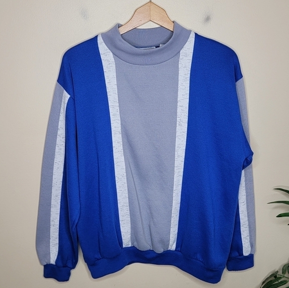 Vintage McGregor | 80s Blue Gray White Colorblock Stripe Sweatshirt - Picture 1 of 4